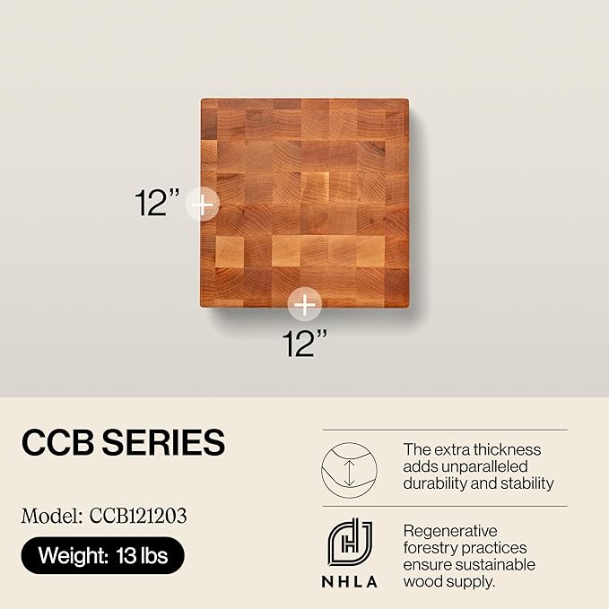 John Boos CCB Series Square Wooden Maple Cutting Board 12”x12” – 3” Thick, 13-lb Reversible Butcher Block with End-Grain & Finger Grips – Made in the USA