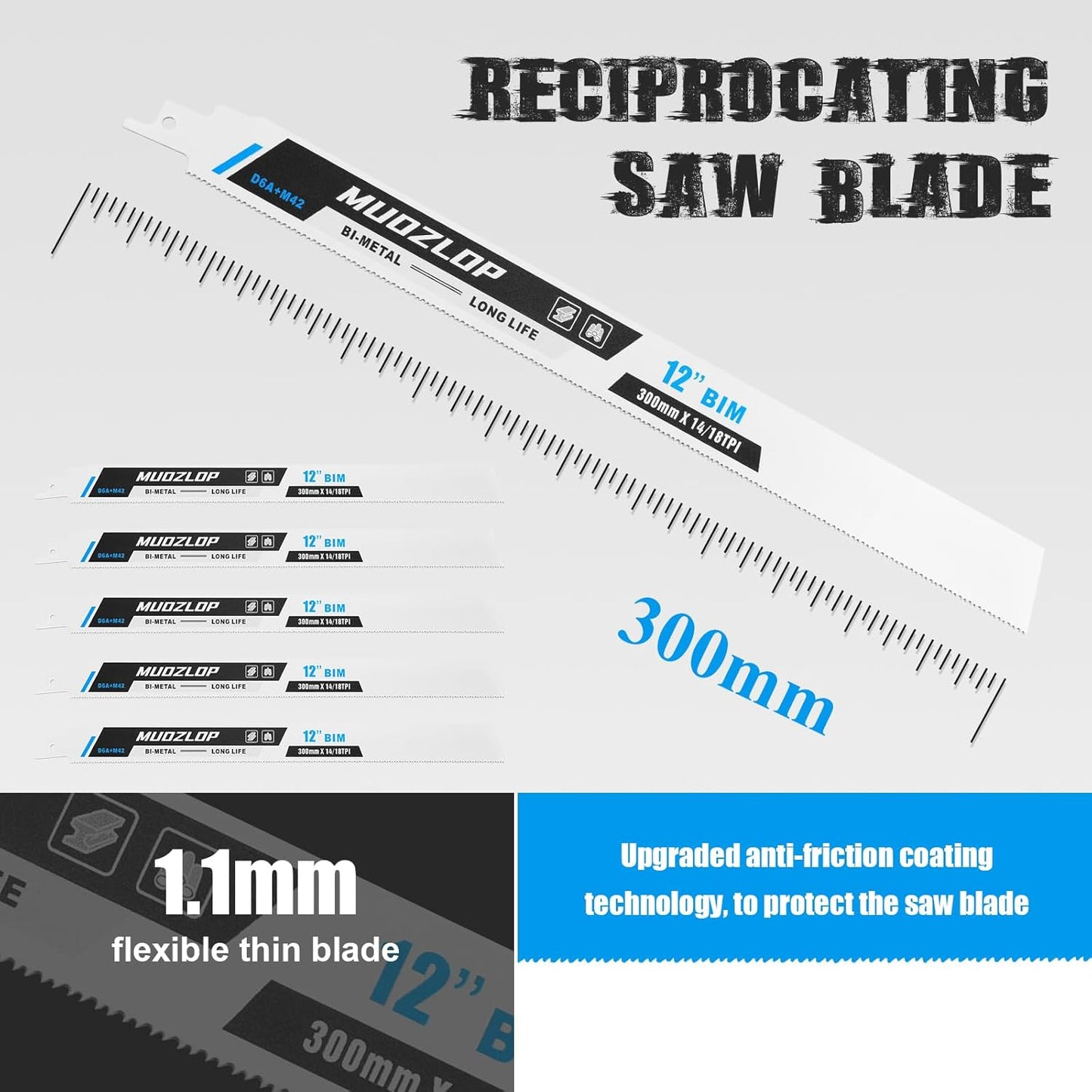 5 Pack 12 inch Reciprocating Saw Blades Set,14/18 TPI High Carbon Saw Blades, Metal Saw Blades with Organizer Case (5, 14/18TPI/300mm)