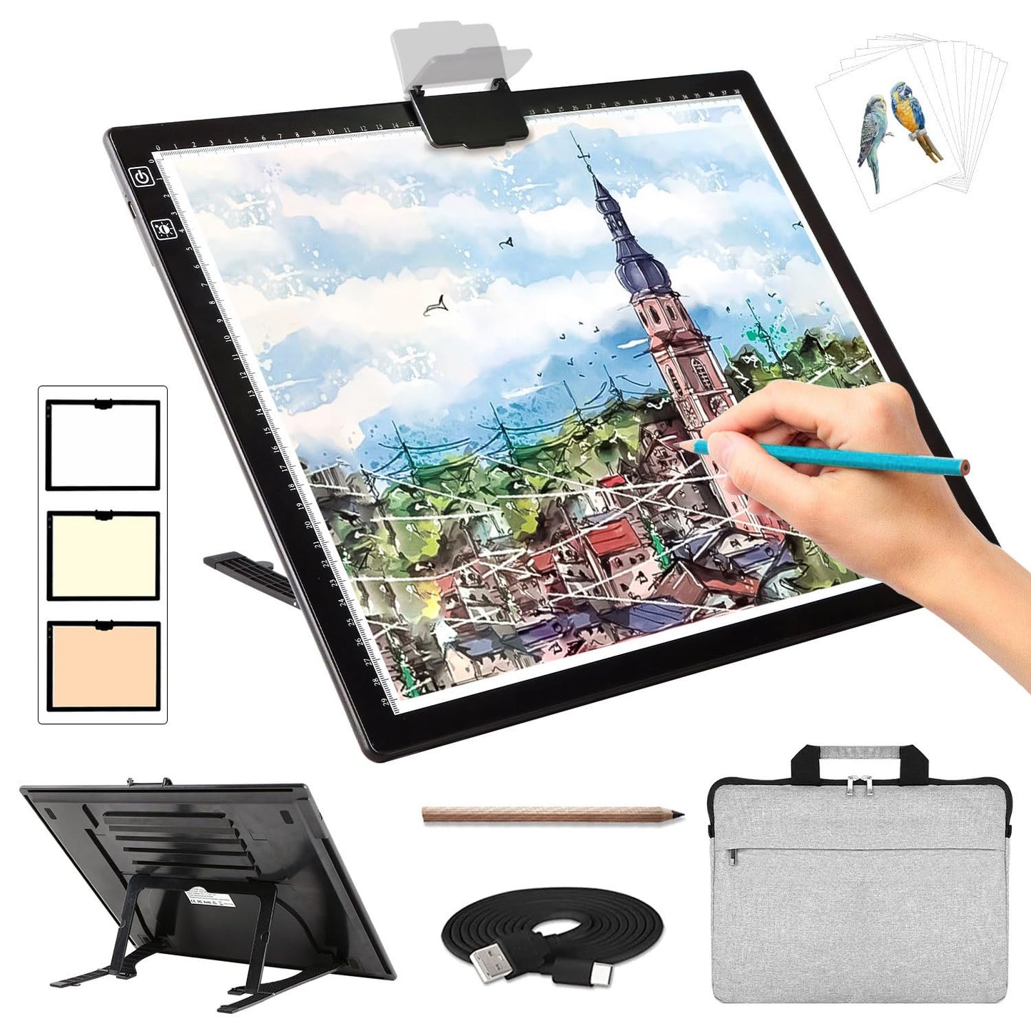 Rechargeable A3 Light Pad for Diamond Painting with Padded Case,Light Board with Stand,3 Colors Stepless Dimmable and 6 Levels o