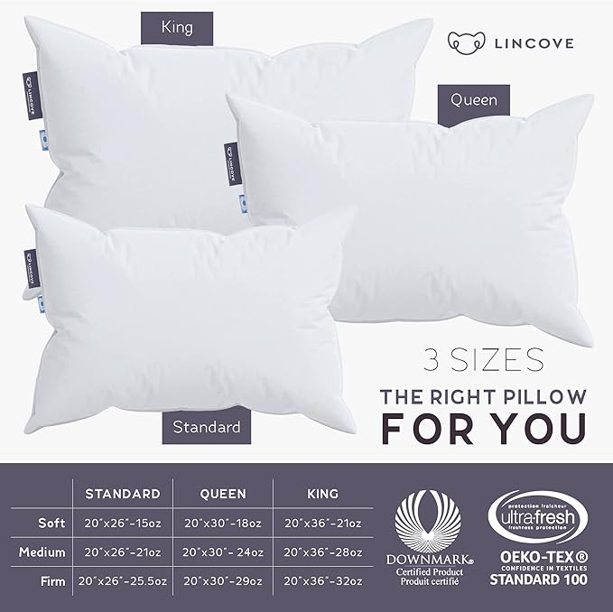 Lincove 100% European Down Venus Pillow – German Down 600 Fill Power, 400 Thread Count Shell, Made in Canada, | Luxe Collection, Standard - Medium