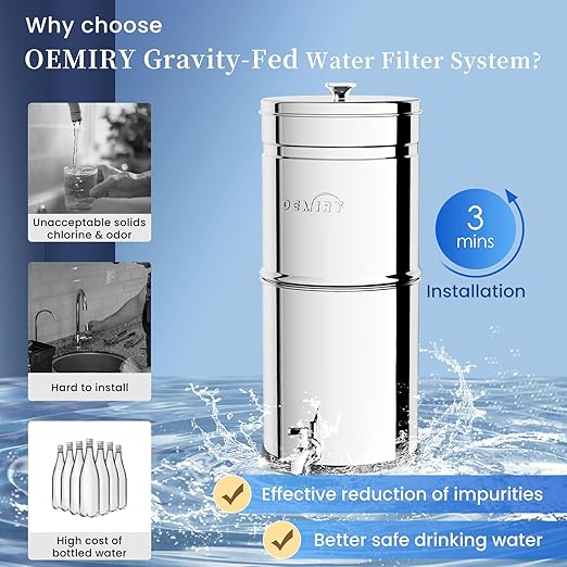 3.25G Gravity-Fed Water Filter System, NSF/ANSI Standard, 304 Stainless Steel System with 3 Carbon Filters, 3 Fluoride Filters and Stand, Reduce 99% Chlorine, Lead and Fluoride