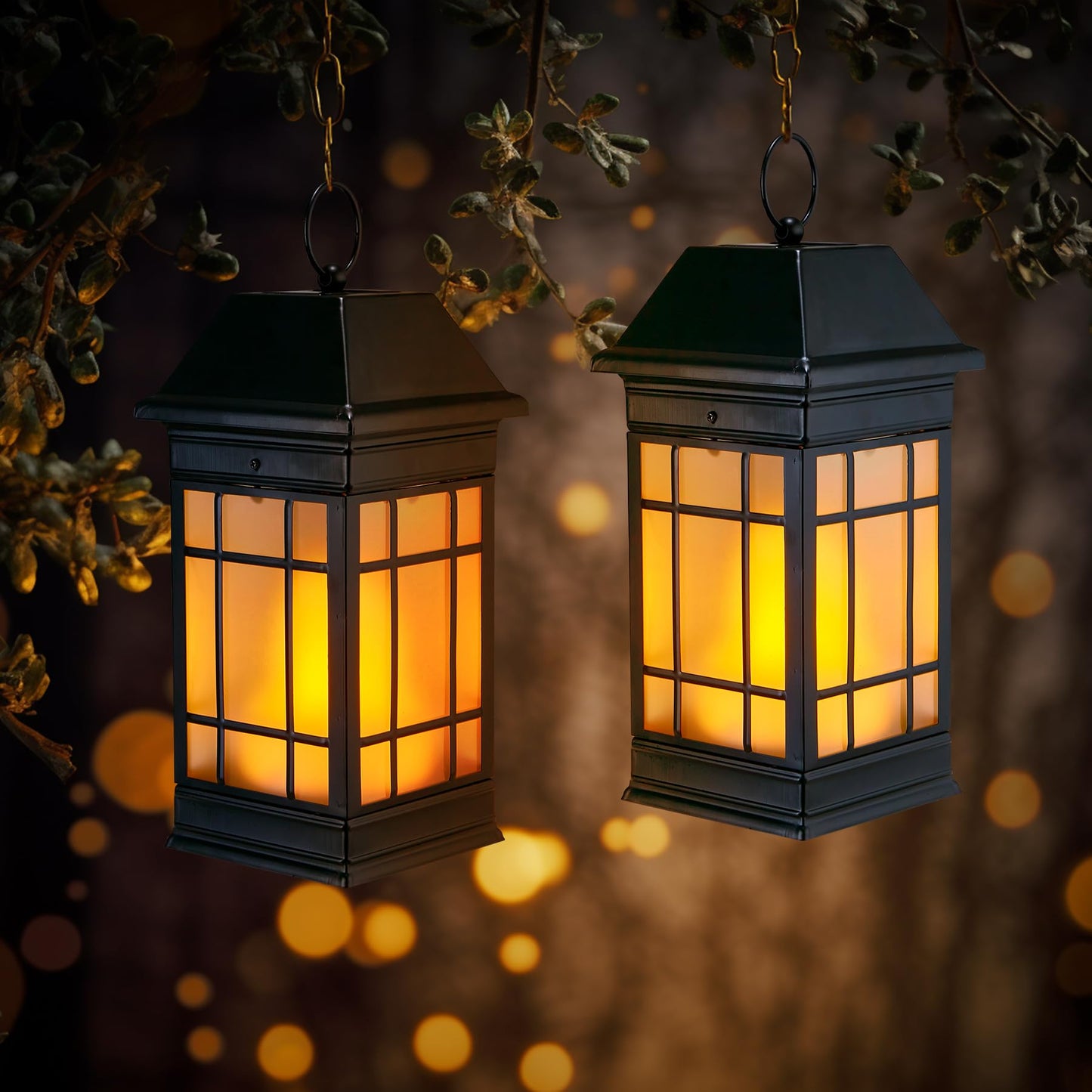 anyperfect Solar Lantern, 14in Hanging Metal Lantern, Waterproof Glass Flickering Flame, Black, Model DL02B