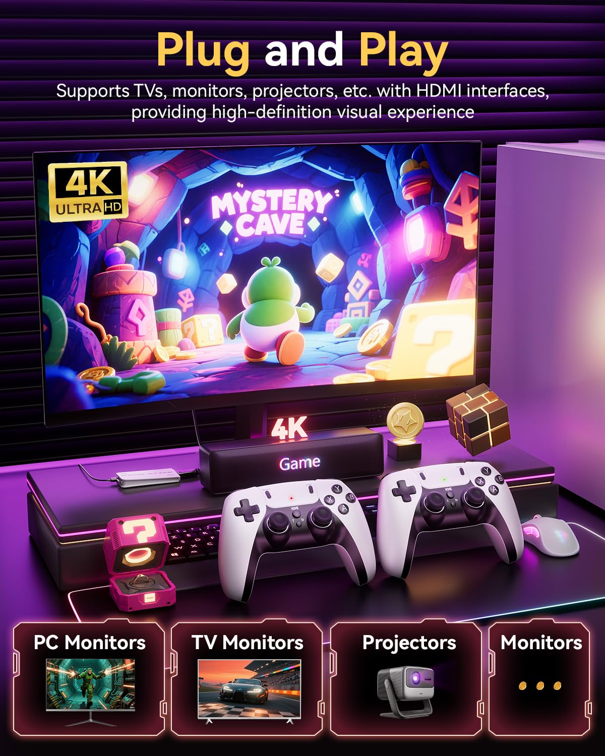 2026 Upgraded Retro Gaming Console Stick, Classic Video Games Stick with 4K HDMI, Built-in 23 Emulators, 20000+ Games - Plug & Play TV Video Gaming Stick with Upgrade Dual 2.4G Wireless Controllers