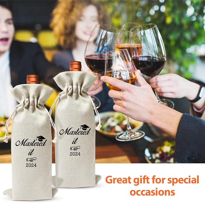 Masters Degree Gift Wine Bag For Bachelors Grad, Funny Masters Graduation Party Decoration, Mastered It 2024, Graduation Party Decoration, Farewell Masters Degree Gift, Reusable Drawstring Burlap Bag