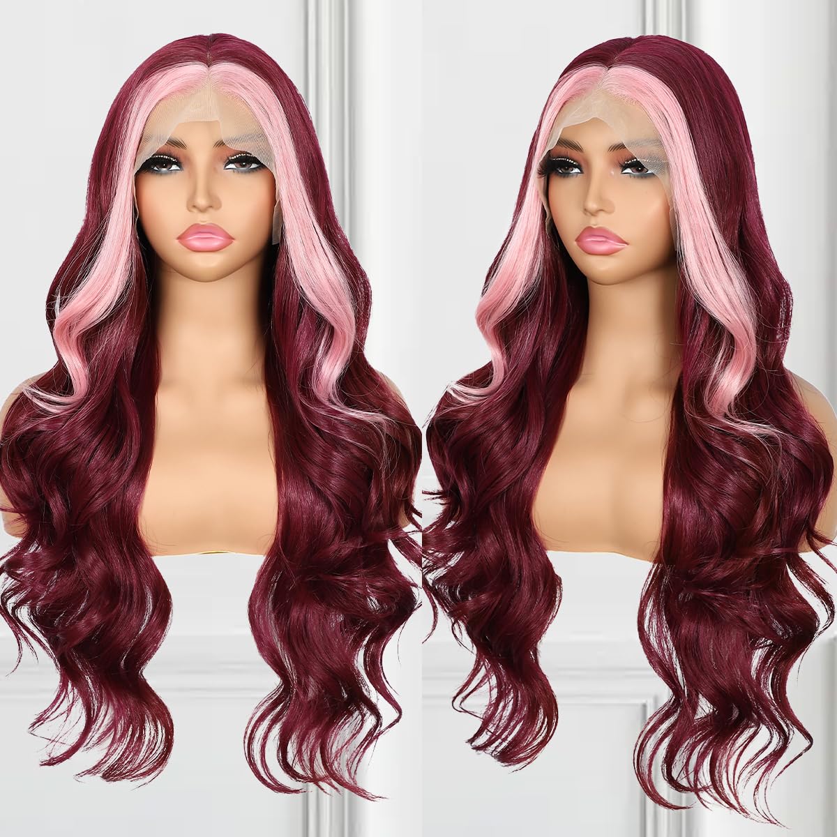 BABEHERS Burgundy Lace Front Wig for Women Skunk Stripe 13x4 Body Wave Synthetic Wigs Highlight Pre-plucked Long Wavy 150% Densi