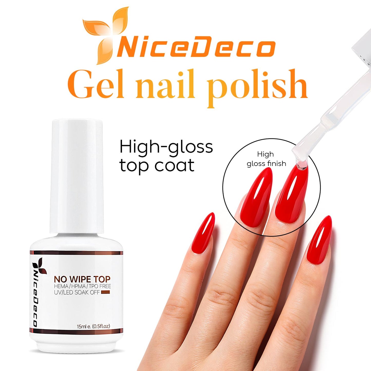 Nicedeco Gel Nail Polish 6 in 1 Nail Glue Gel and No Wipe Top Coat Set, Hema Free, Cruelty Free, Vegan, 2PCS 15ML for Adhesive N