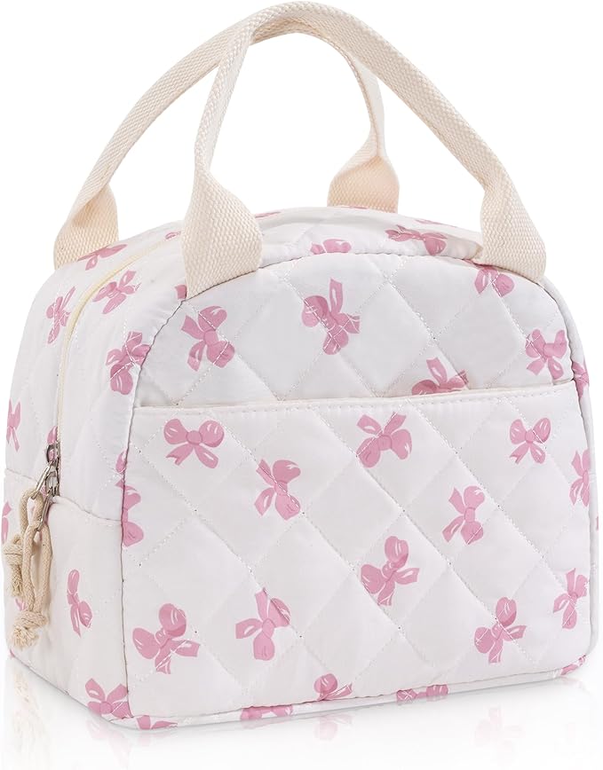 Lunch Bag for Women Insulated Lunch Box Reusable Cooler Bag Portable Cute Floral Quilted Cotton Bag Leakproof Tote Bags for Travel, Work, and Picnic, Pink Bow
