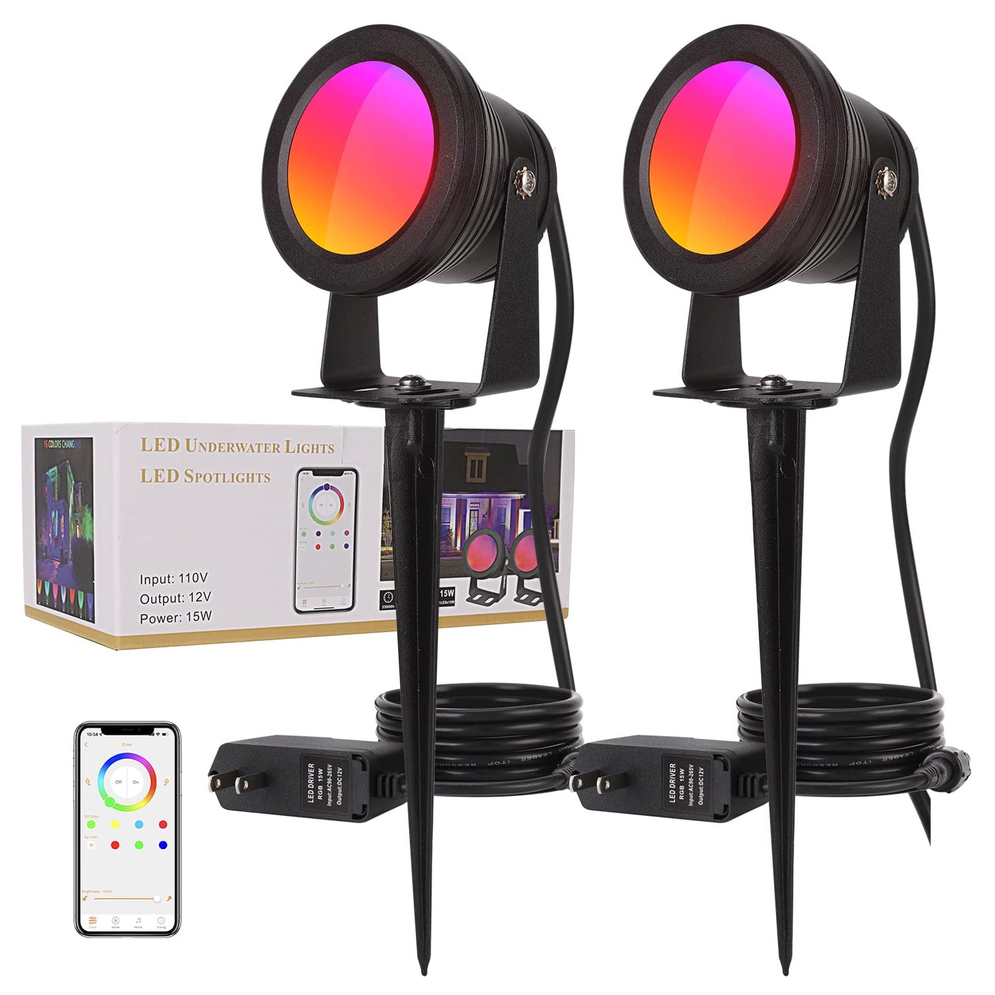Ruicaikun Smart Outdoor Lights, 15W App Control Dimmable Spotlights, 2 Pack, Waterproof Aluminum, Music Sync, For Yard And Garden