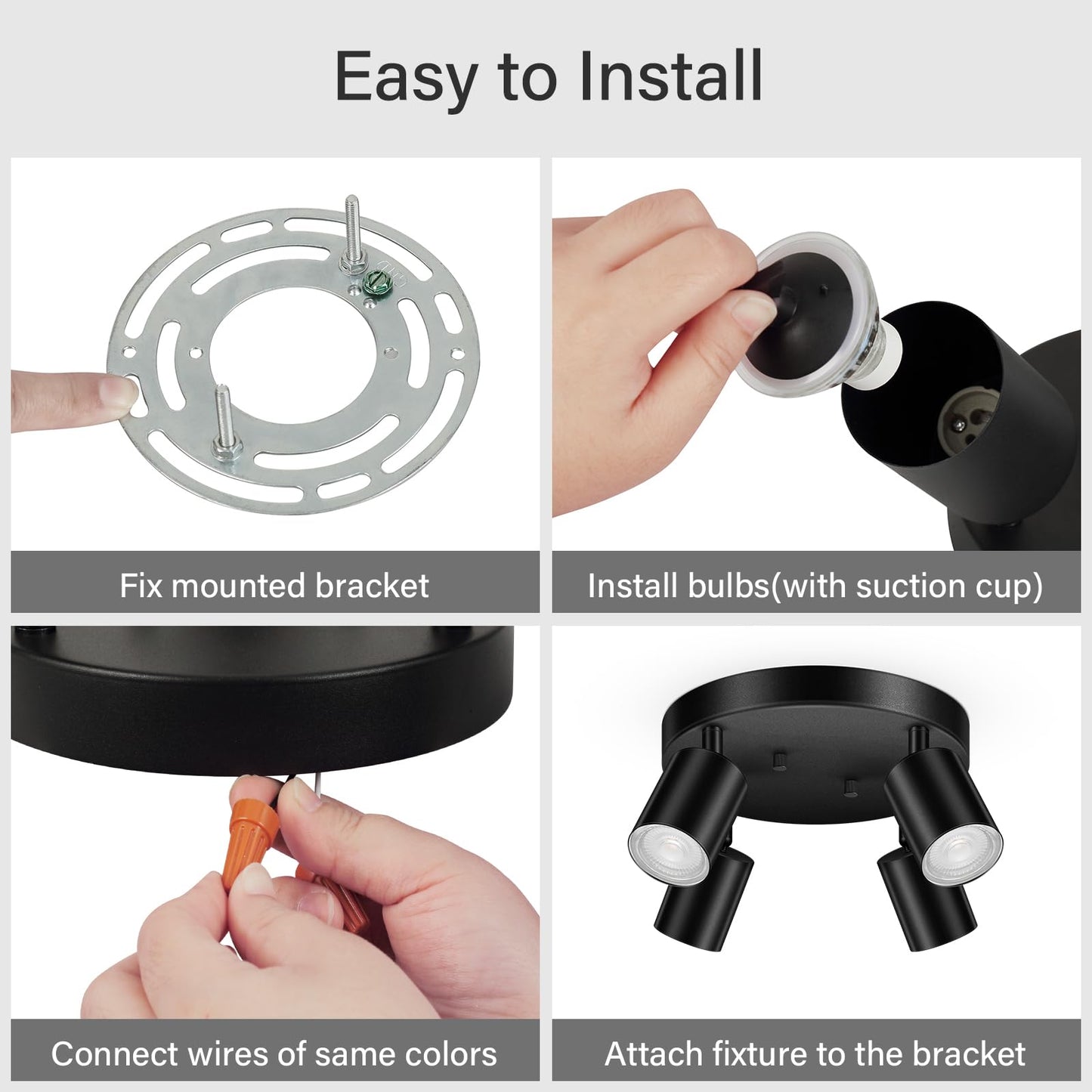 BoostArea LED 4 Light Track Lighting Kit, LED Track Lighting Fixtures, Black Round Ceiling Spot Lighting, Flexibly Rotatable Light Head for Kitchen, Living Room, Bedroom, GU10 Bulb Not Included