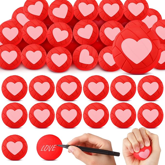 Soulchen 48 Pcs Valentines Day Mini Volleyball Stress Ball 1.57 Foam Heart Volleyball Accessories Squeeze Relief Sports Ba...
