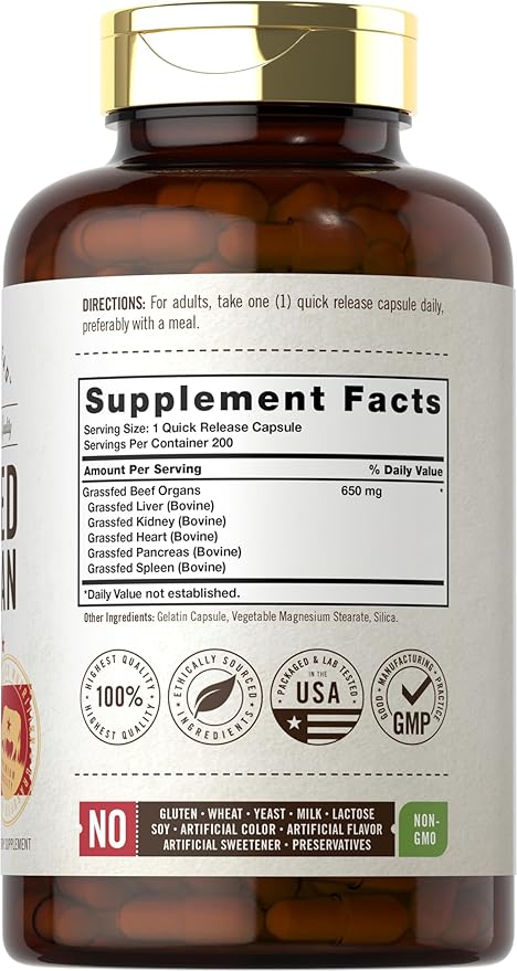 Carlyle Grass Fed Beef Organ Complex | 200 Capsules | Pasture Raised, Grain Free Supplement | with Desiccated Liver, Kidney, Pancreas, Heart, Spleen | Non-GMO, Gluten Free | by Herbage Farmstead