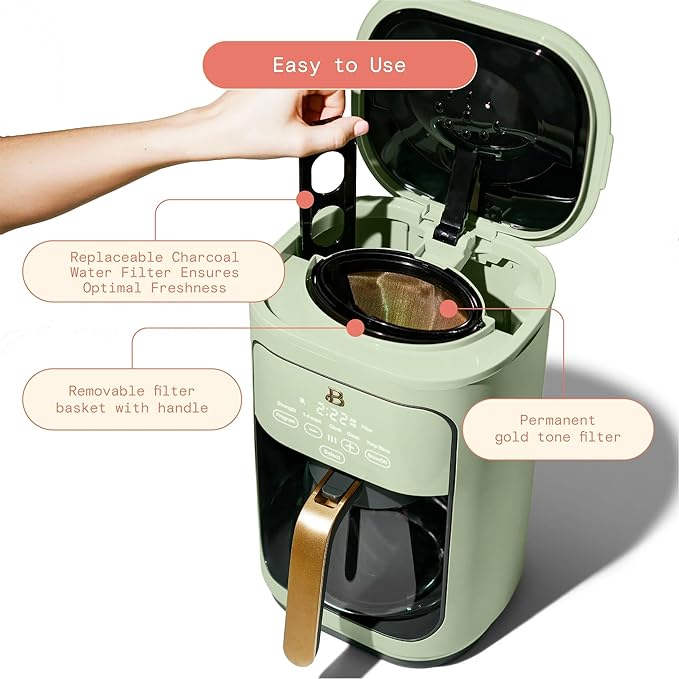 Beautiful by Drew Barrymore 14 Cup Programmable Drip Coffee Maker, Touch-Activated Display, Fast 14-Min Brew, Bold Strength, Keep Warm 4hrs (Green)