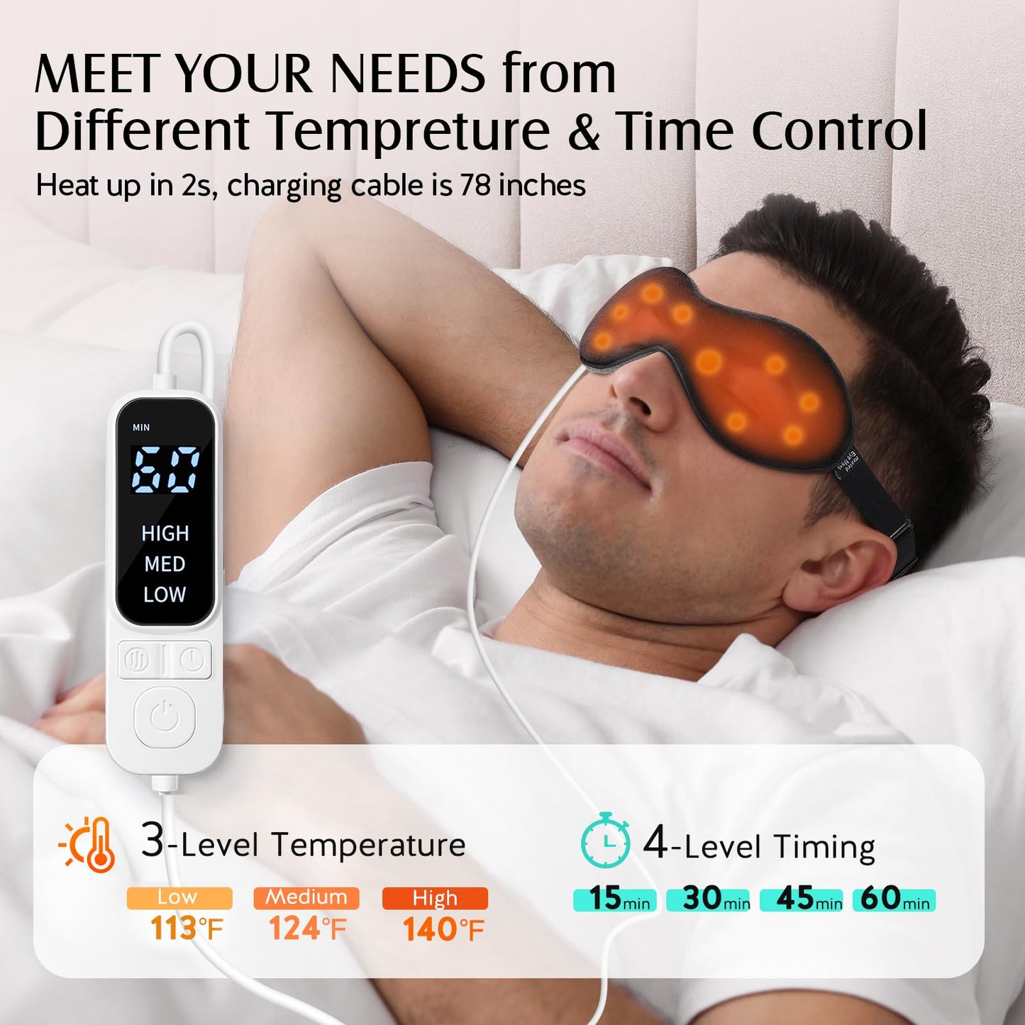 YFONG Heated Eye Mask for Dry Eyes, Stye and Migraines, USB Electric Eye Mask with 3 Temperature Settings & 4 Time Controls, Warm Eye Compress with Washable Cover for Eye Strain,Puffy and MGD (Black)