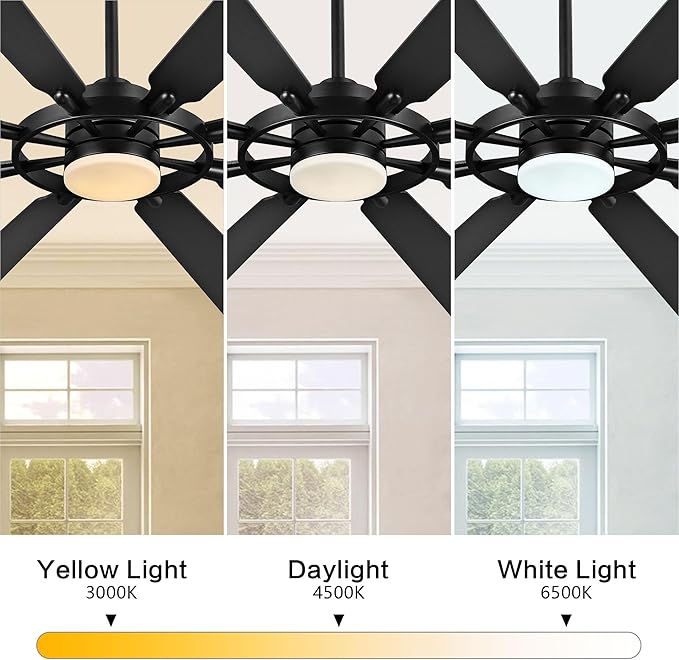 72" Ceiling Fan with Lights and Remote Control, Wood 8 Blades 6-Speed Noiseless Reversible DC Motor, 3 Downrods, Modern Large Ceiling fan for Covered Patio Bedroom Dining Living Room, Black