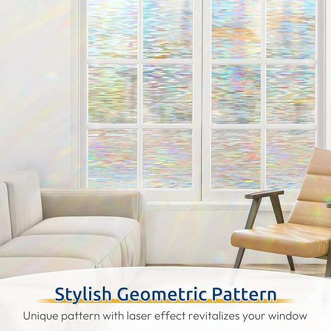 rabbitgoo Window Privacy Film with Installation Tools, Stained Glass Window Film Rainbow Prism Decorative Glass Clings for Home Decor, Static Cling Covering Sun Blocking, 17.5" x 118.1"