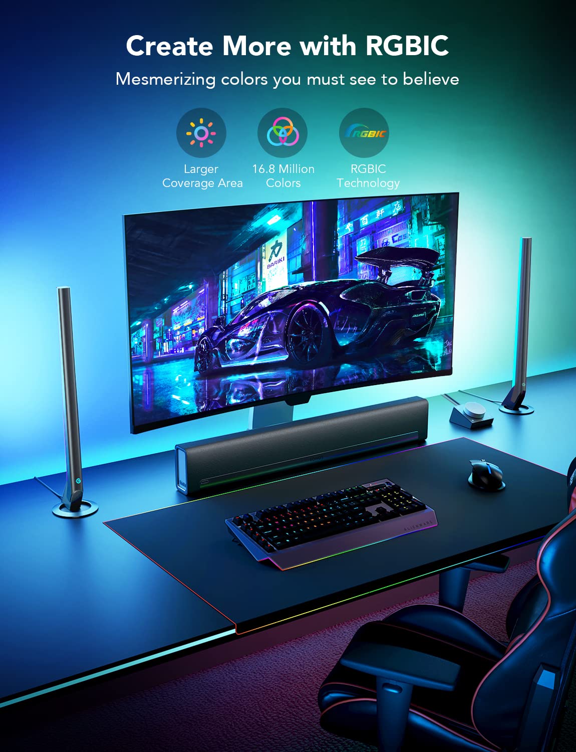 Govee RGBIC Gaming Light Bars H6047, Wi-Fi LED Light Bars, Music Modes, 60+ Scene Modes, 16.7 in, Plastic