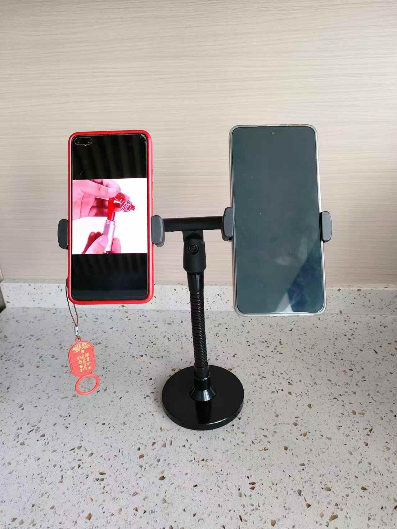 Dual Cell phone Holder Stand,Mic Stand with Flexible Gooseneck Arm 6inch &4" Base, Multi-functional Uses Like Mic,Makeup Mirror with Double Ball Heads Rotated to Any Direction.Black