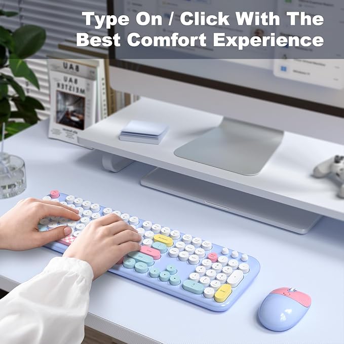 MOFII Wireless Keyboard and Mouse Combo - 2.4GHz Full-Size Retro Typewriter Keyboard with Round Keys, 3 Level Adjustable Optical Mouse, Plug & Play - Compatible with PC/Laptop/Desktop - Light Blue Mix