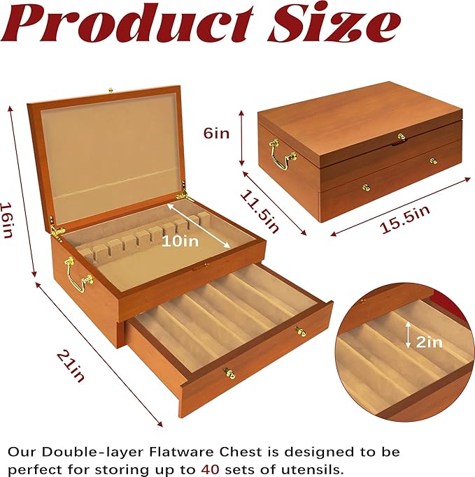 Silverware Storage Box Solid Wood with Lid, 2 Layer Silverware Storage Chest, 15.5'' ×11.5'' Silverware Organizer with Handle and Felt Lined, Chest for Flatware Setting Up 30