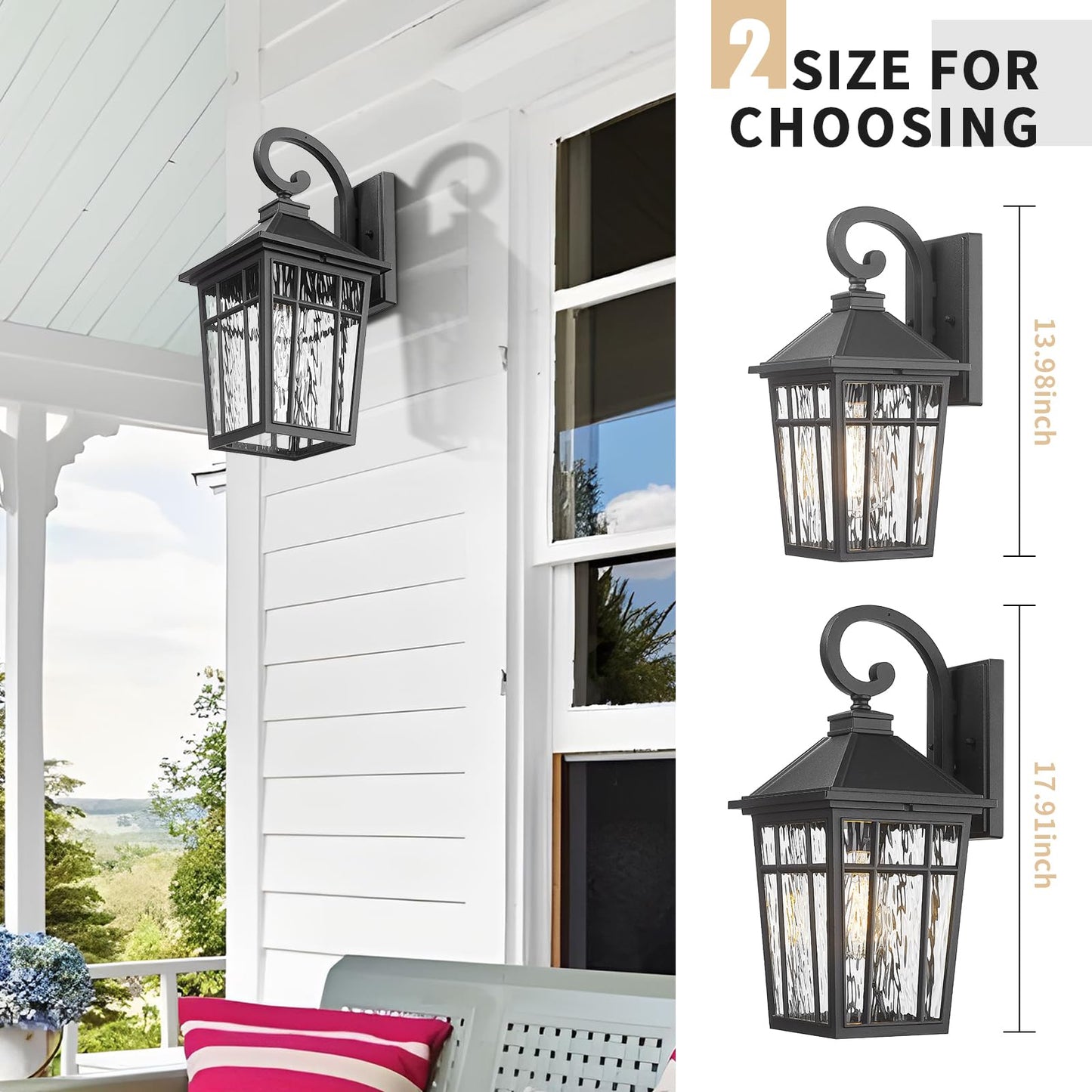 Darkaway 2Pcs Large Outdoor Wall Lights For House  18Inch Exterior Lighting Fixtures Wall Mount Outdoor Porch Lights Black Outside Sconce Lights With Water Ripple Glass For Patio Garage Hallway