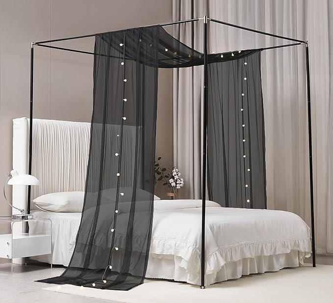 Akiky Bed Canopy Curtains for Girls Elegant Canopies Curtain Scarf with Light Great as Room Decor,Wedding decortion,Window Valance Curtain (Twin,Black)