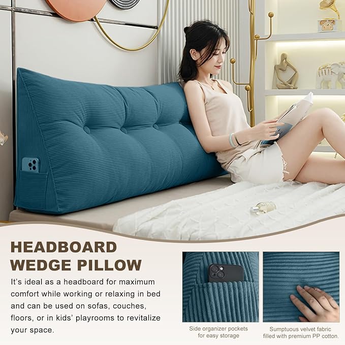 Headboard Pillow - Queen-Sized Headboard Wedge Pillow for Daybeds and Bunk Beds - Durable, Comfortable, with Removable Velvet Cover (Navy blue, 54x20x8Inches)