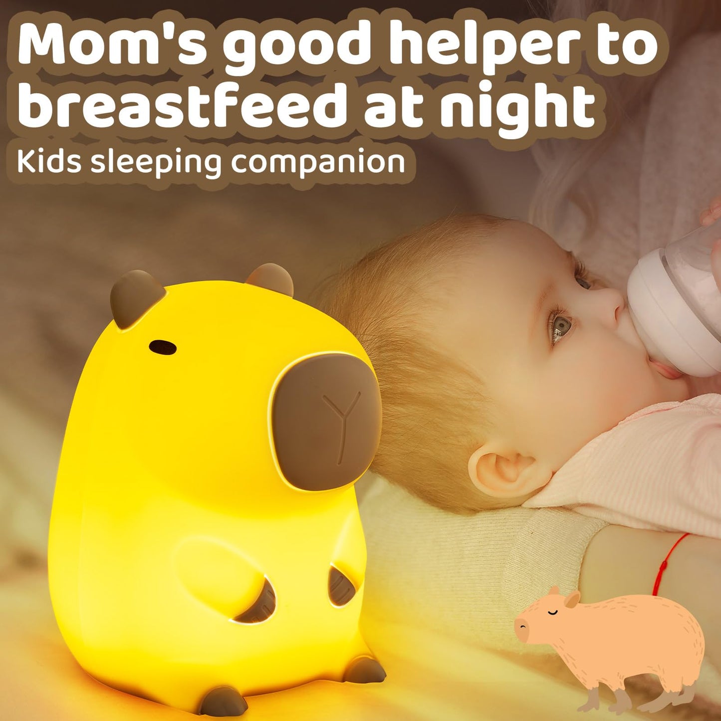 Huggwaii Squishy Capybara Night Light For Kids - Soft Silicone Tap-Control Kids Night Light With 2 Brightness Levels & 20-Min Timer  Cute Lamp For Nursery Bedroom Decor  Baby Gift (1200Mah Battery)