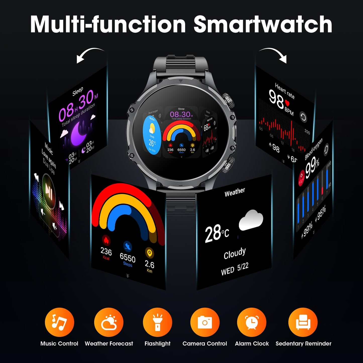 Mingtawn Military Smart Watch for Men (Answer/Make Call), 1,85" HD Touch Screen 700mAh Large Battery Fitness Watch with Flashlight/Heart Rate/Sleep Monitor Fitness Tracker for iPhone & Android Black