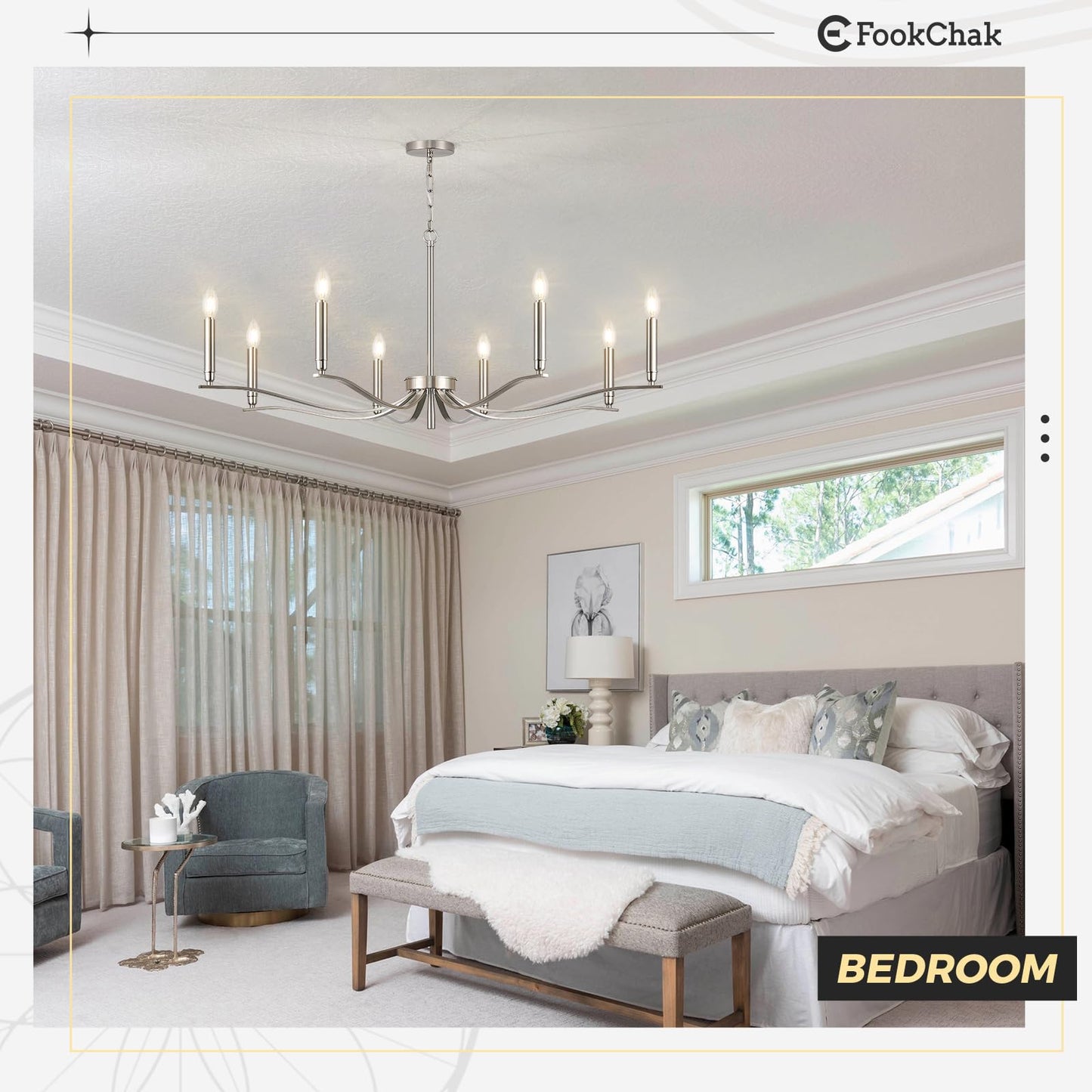 Fookchak Nickel Chandeliers For Dining Room  8-Light Chandelier Light Fixture Over Table Modern Candle Chandelier 44In Master Bedroom Chandeliers Lighting For Entry Foyer Bathtub Living Room