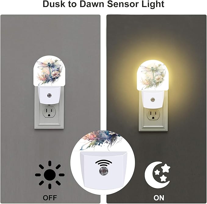 Watercolor Dragonfly Flowers Night Light, Vintage Insect Botanical Floral Leaves Dusk to Dawn Night Light Plug in,0.5w Energy Saving Sleep Friendly NightLight for Kids Boys Girls Home Decor