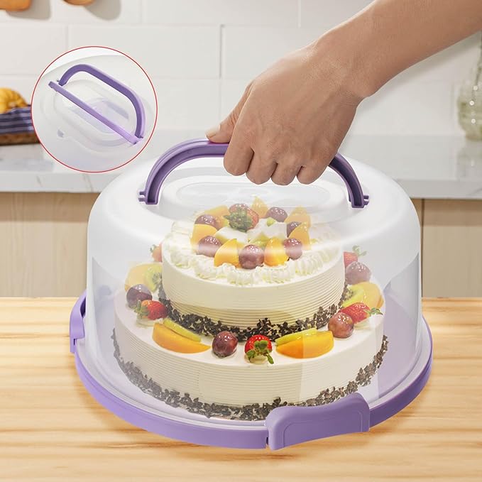 10Inch Cake Stand Carrier with Lid and Handle Storage Container Keeper Plastic Tall Transport Travel Cake Saver Holder with Cover Pie Bundt Round