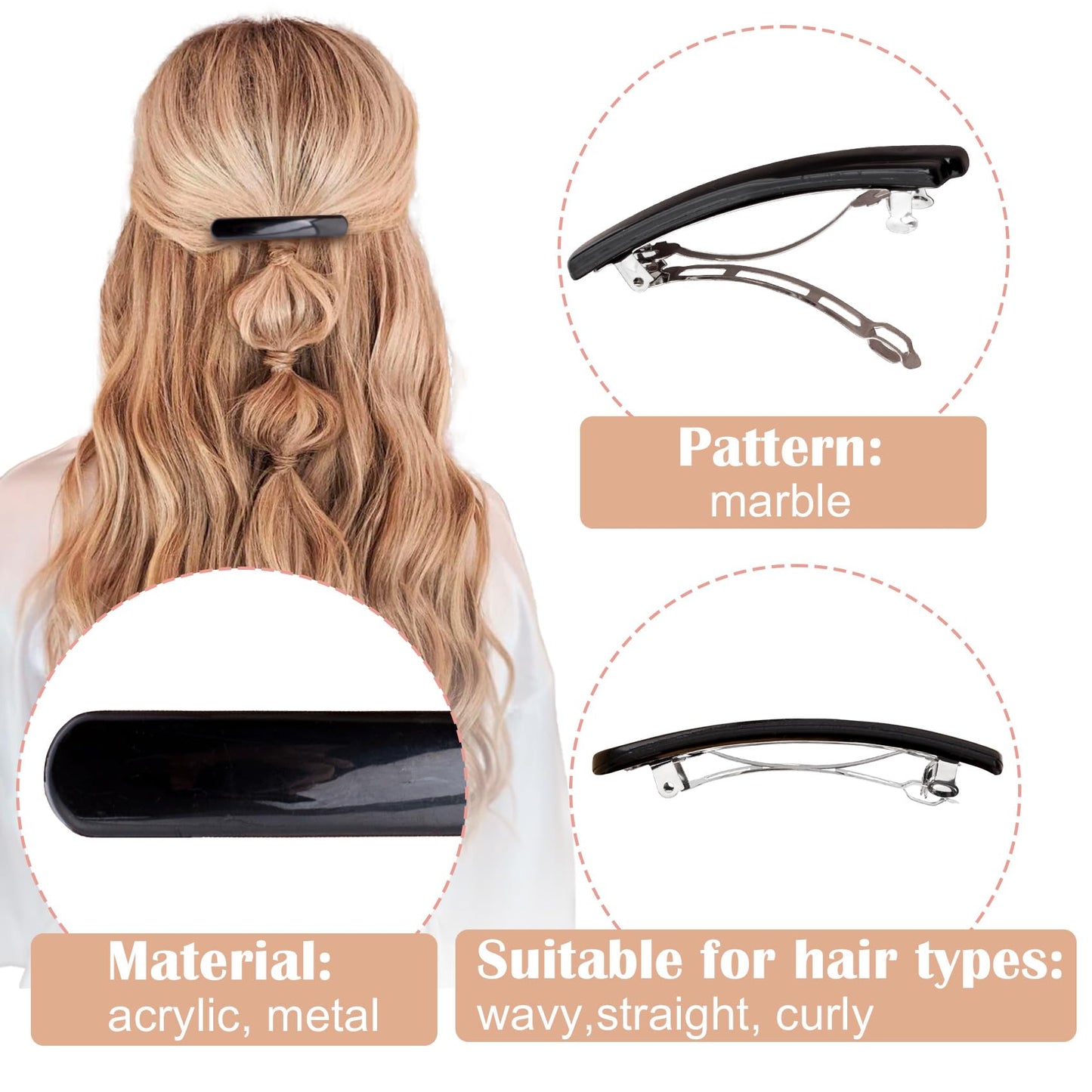 STSTR 4PCS French Barrette Hair Clips for Women, 2 Styles Small Tortoise Shell Hair Clip, Curved Glossy/Frosted Thin Hair Flat H