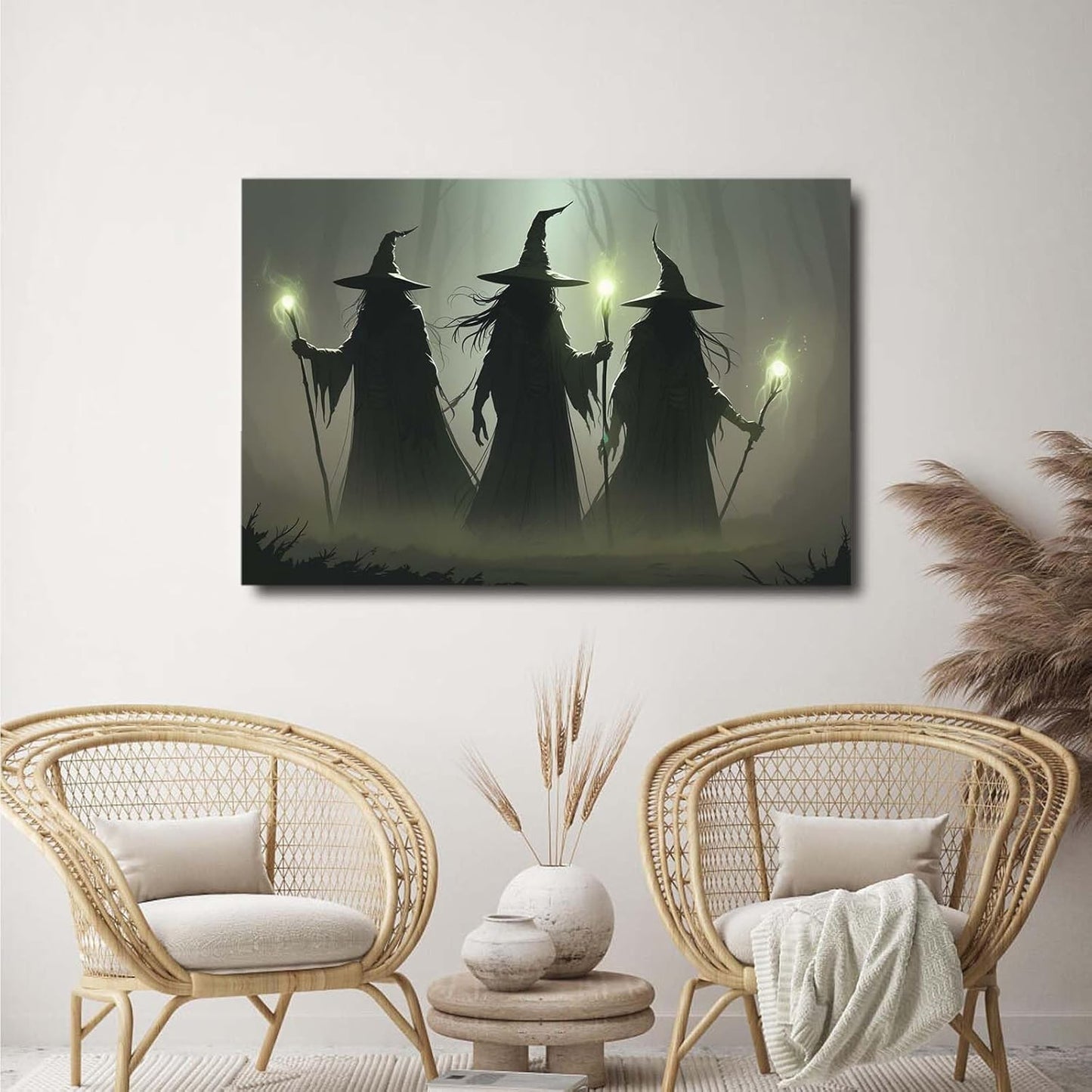 Vintage 3 witches canvas wall decor melancholy dark Halloween poster wall decor holding a staff print Gothic horror Halloween painting print for living room bedroom20x30in Wood Framed
