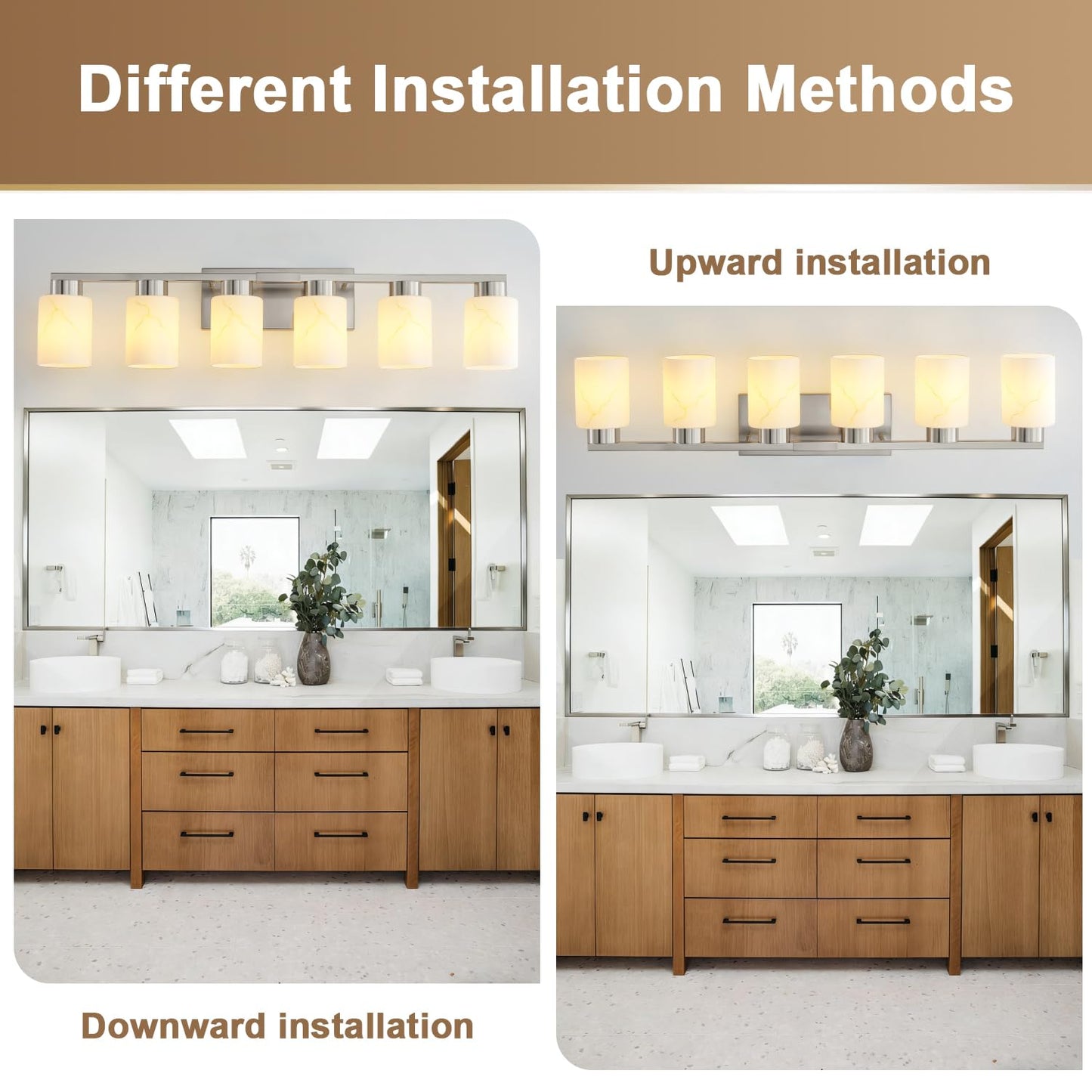 Mieloxiy 6-Light Bathroom Light Fixtures, Modern Vanity Lights, Brushed Nickel Metal Wall Lamp with White Marble Glass for Bathroom, Mirror, Living Room, Bedroom, Cabinet, Porch, Hallway, E26 Base