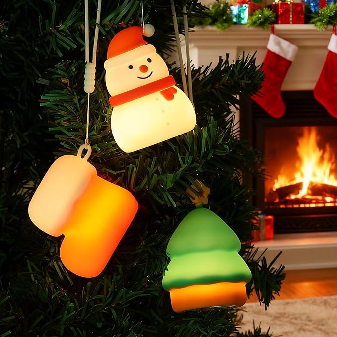 Christmas Night Light Set for kids,Rechargeable Dimmable Christmas Snowman Night Lamp,Cute Christmas Tree Decor Nightlight for Nursery Toddler Hangable Squishy Silicone Boot Lights Gifts Holiday Decor