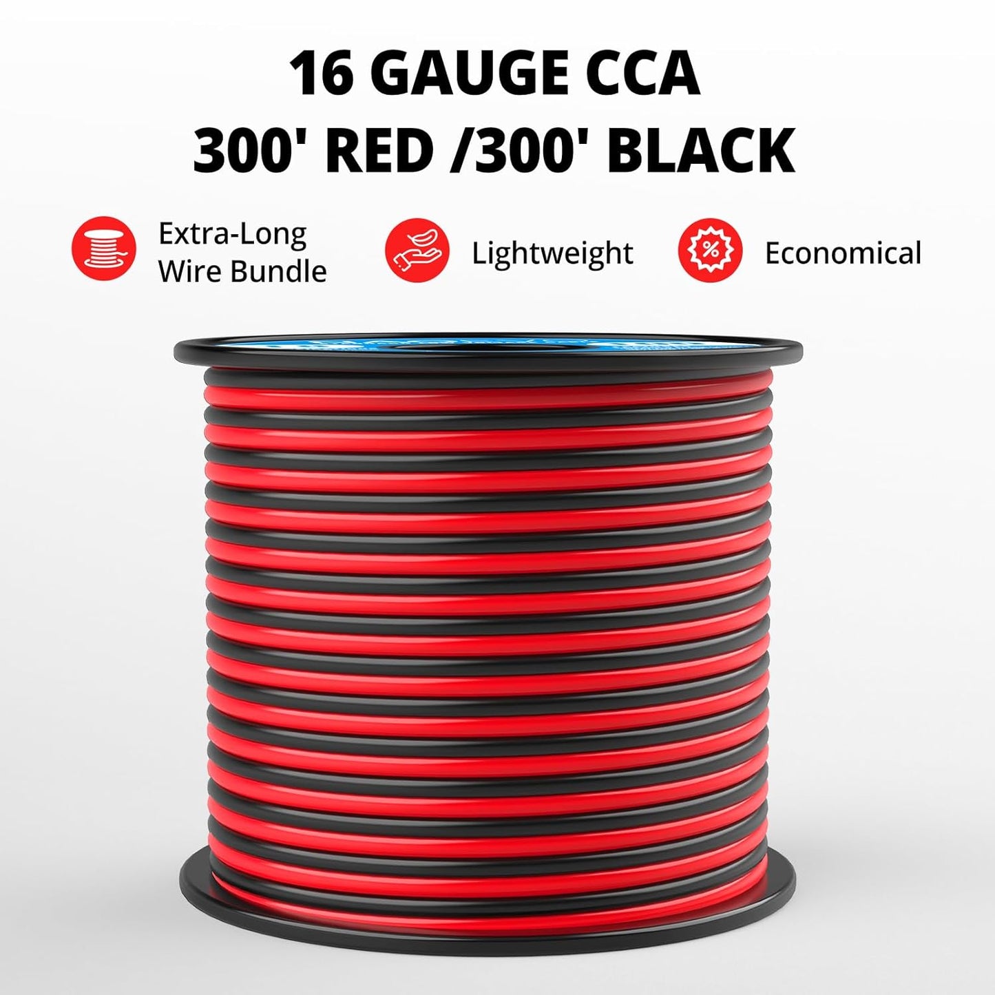 NAOEVO 16 Gauge Wire 300FT, 2 Conductors Electrical Wire Red Black Cable, Flexible/Low Voltage/PVC 16 AWG Copper Clad Aluminum Extension Cord for Speaker, LED Strips, Automotive 12V/24V DC
