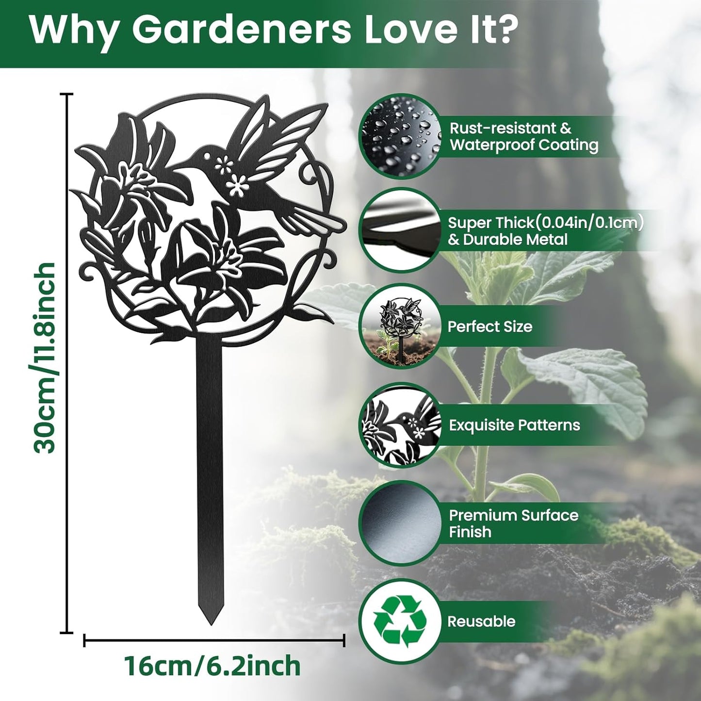 CUTHOLLOW Metal Plant Marker Stake Hummingbird and Flower for Outdoor Indoor, Waterproof 11.8 inch Cute Garden Plant Labels Sign Tag for Vegetables, Farmhouse Greenhouse Decor - Funny Gardening Gifts