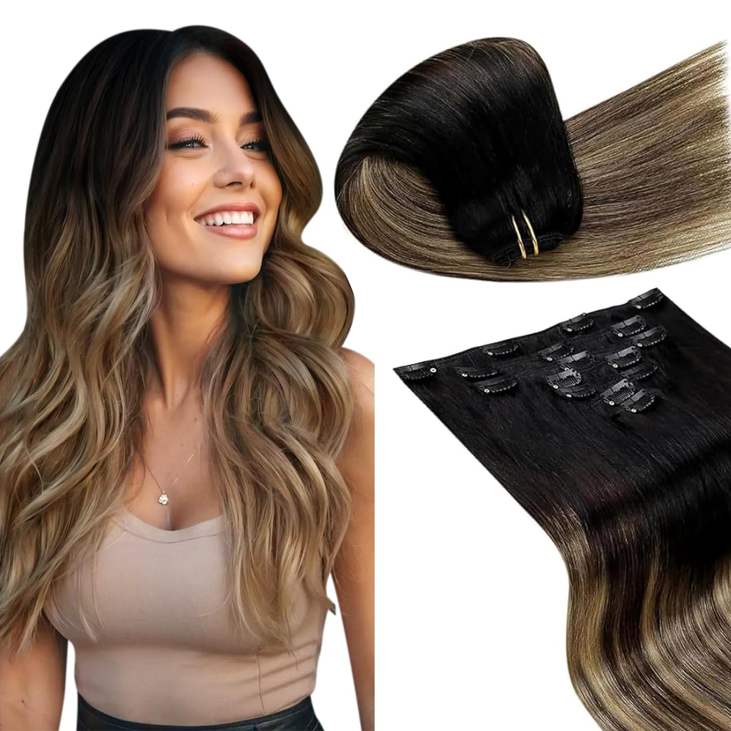 LaaVoo Hair Extensions Real Human Hair Clip ins Black Ombre Dark Brown Balayage Caramel Blonde Hair Extensions Clip ins Brown Ba