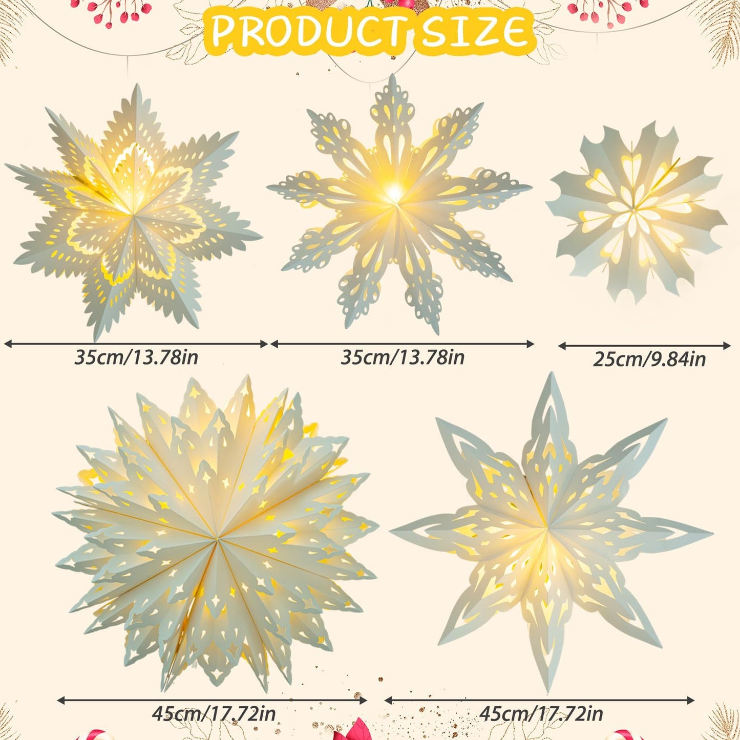 5 Pack Christmas Paper Snowflake Lanterns  Christmas Paper Star Lantern With Led Light White Hanging Lamp Ornaments For Xmas Tree New Year Winter Frozen Weddings Birthday Holiday Party Decorations