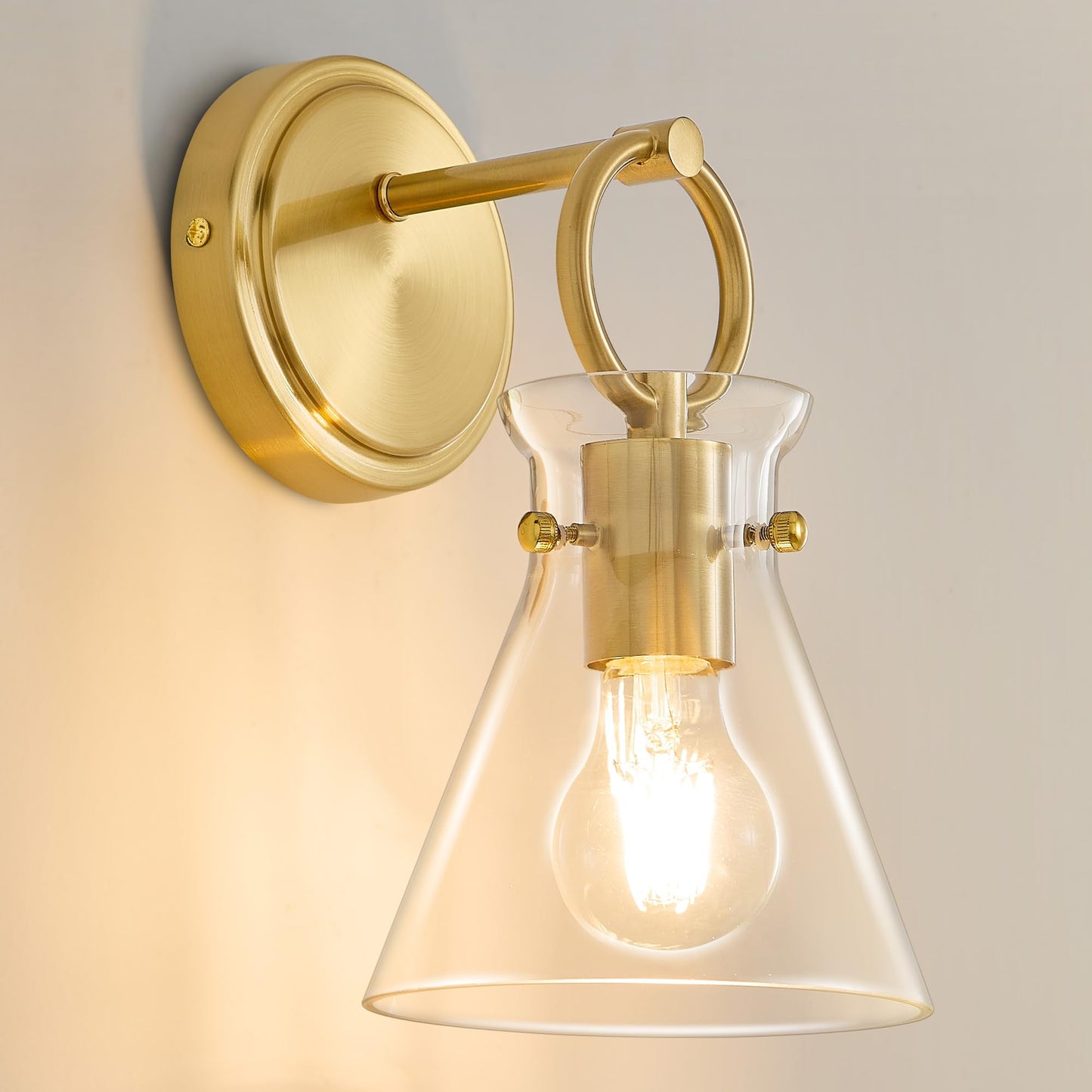 Gold Wall Sconce 1-Light Hardwired Wall Mount Modern Farmhouse Vanity Light Fixtures With 6 Inch Clear Glass Shade  Wall Lights For Bathroom  Bedroom  Living Room  Mirror  Kitchen  Lighting Lamp