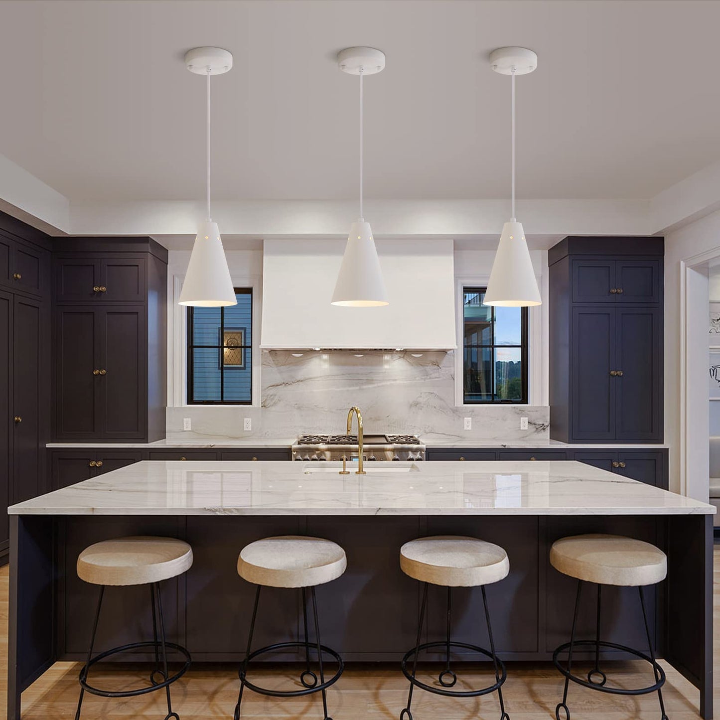 Dijiahua White Pendant Lights 3 Pack, Modern Metal Chandeliers, Adjustable Cord, Farmhouse Style For Kitchen Island & Dining Room