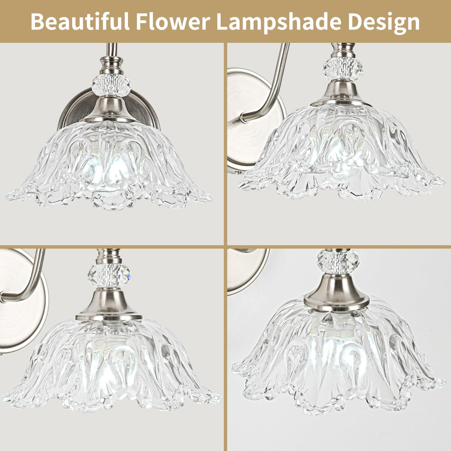 Sunkryster 1 Piece Brushed Nickel Wall Sconce With Floral Clear Glass Shade  Brushed Nickel Finish Wall Mount Lighting For Bathroom  Modern Bathroom Vanity Light Fixture