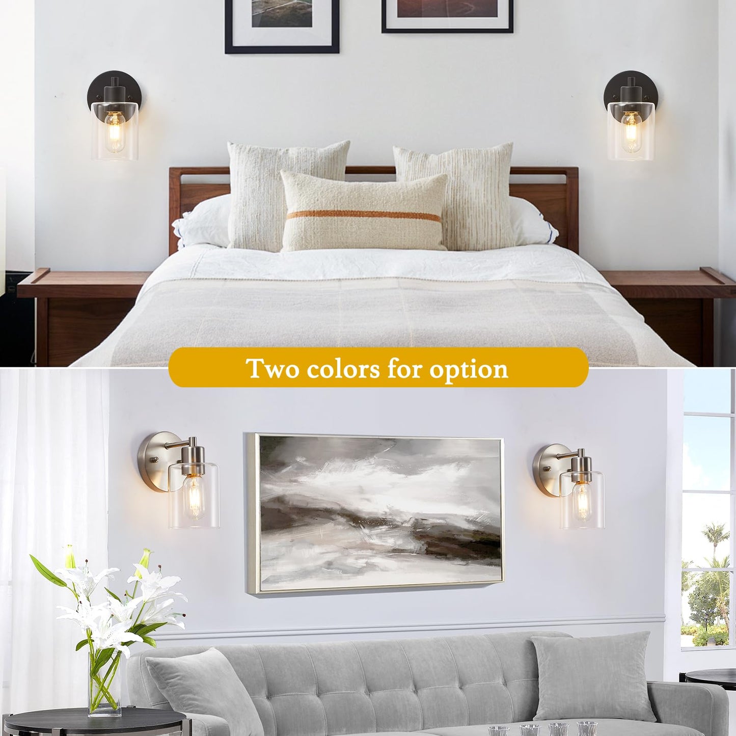 Wall Sconces For Bathroom  Brushed Nickel Vanity Light Fixtures  Modern Wall Mount Lighting Lanterns  Farmhouse Wall Lamps With Clear Glass Shade For Bedroom Living Room Mirror Hallway Porch(2Pack)