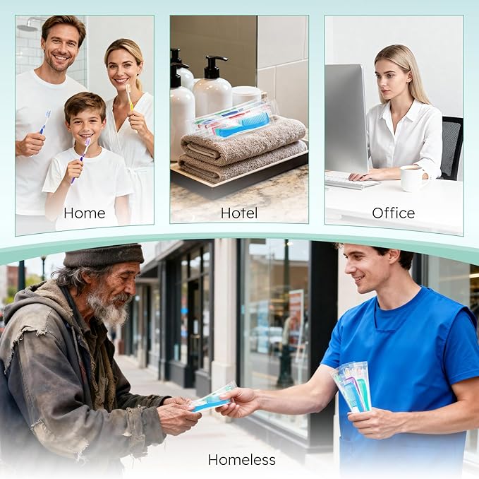 Disposable Toothbrushes with Toothpaste and Comb in Bulk, Individually Wrapped Soft Bristle Travel Size Basic Hygiene Kits, for Travel Hotel Camping Charity Homeless Shelter Donation in 5 colors (25)