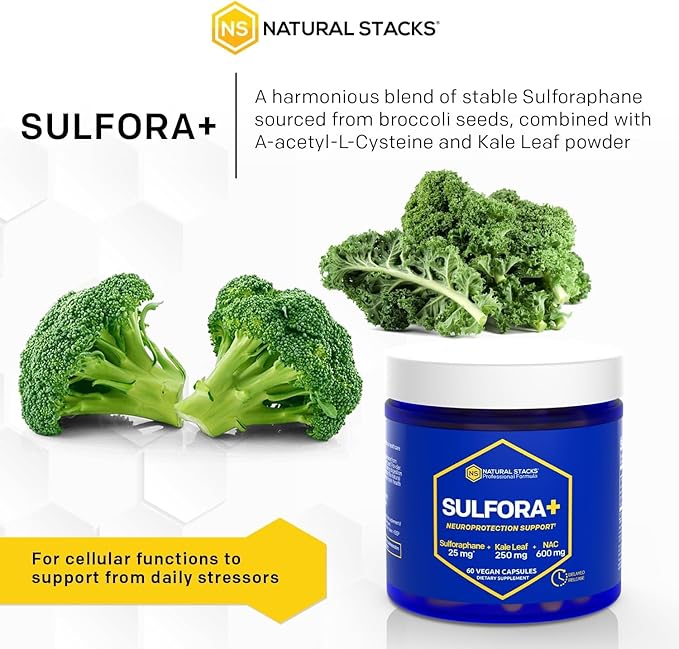 NATURAL STACKS N-Acetyl-L-Cysteine 600mg NAC Supplement - Sulforaphane Supplement 25mg - Superfood Kale Leaf Powder with Organic Broccoli Sprout - Brain Health Antioxidants - 60 NAC Capsules