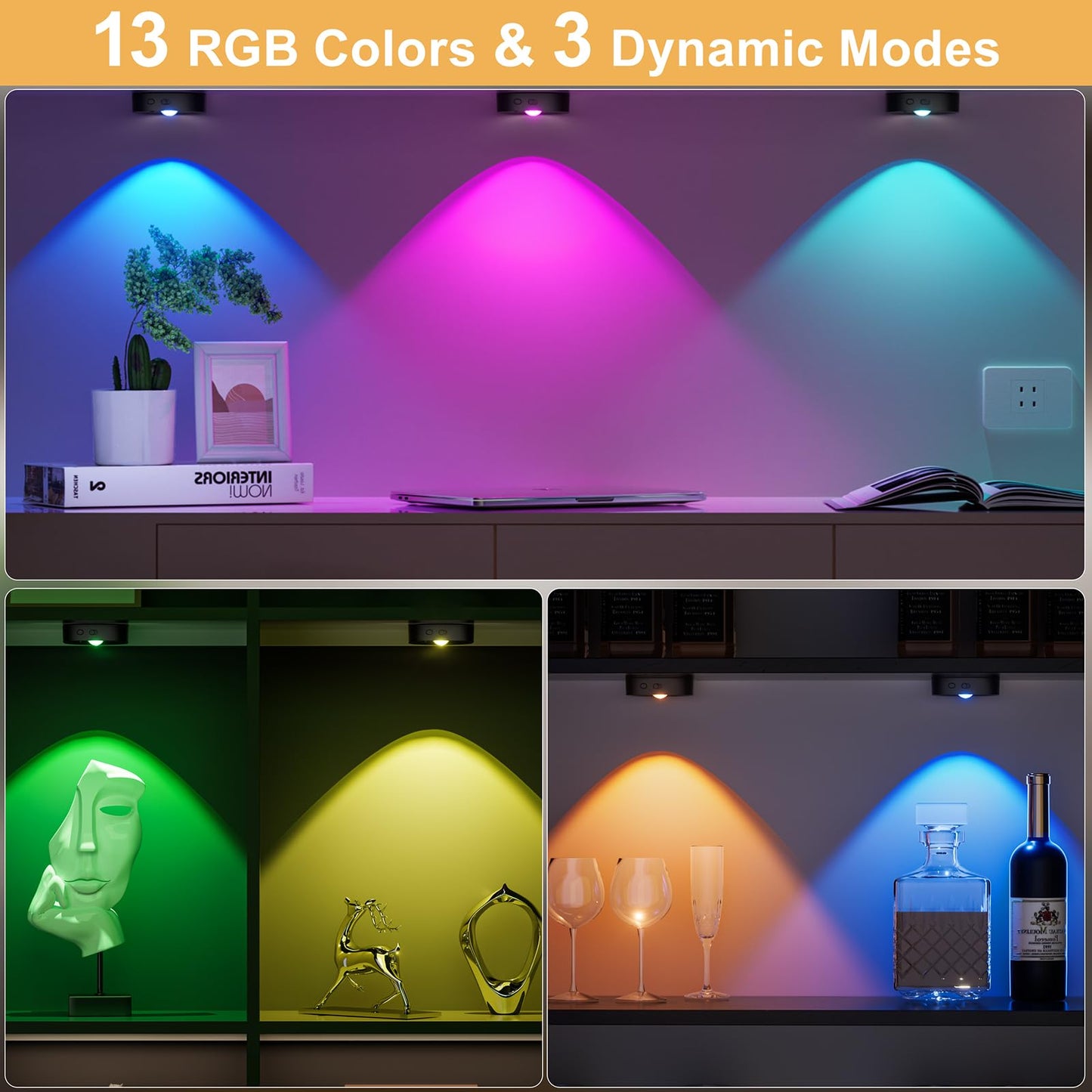 HOMEBEST Puck Lights with Remote, Rechargeable, 13 RGB Colors, 3 Pack, Black, Model HL05