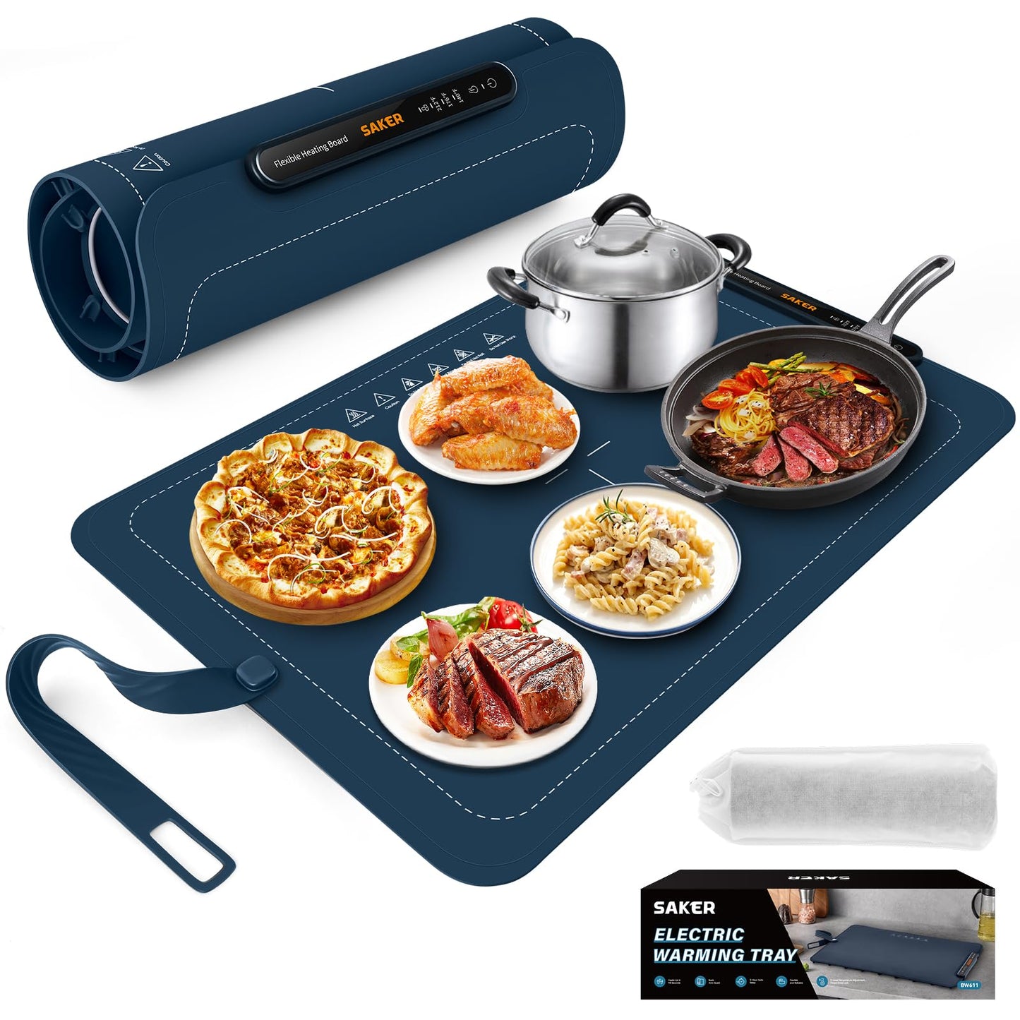 Saker Food Warming Mat,Electric Warming Tray for Food, Adjustable Heating Mat for Countertop with 3 Temperature Settings & Child Lock, Portable Foldable Food Warmer for Party, Buffet, Daily Use