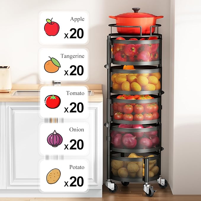 Fruit and Vegetable Basket Bowls for Kitchen with Metal Top Lid, SNTD 5 Tier Rotating Storage Rack Cart for Potato Onion Bread Banana, Wire Basket Organizer on Wheels, Large, Black