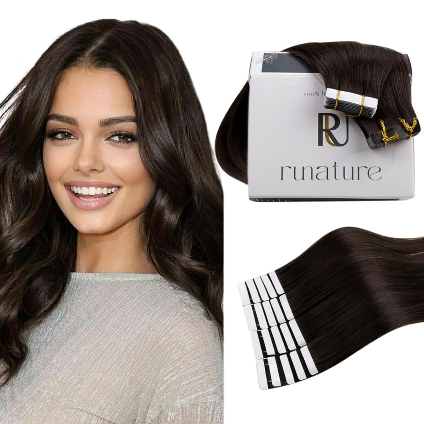 RUNATURE 20 Inch Tape ins Human Hair Extensions Brown Brazilian Straight Tape in Hair Extensions Real Human Hair Skin Weft Seaml