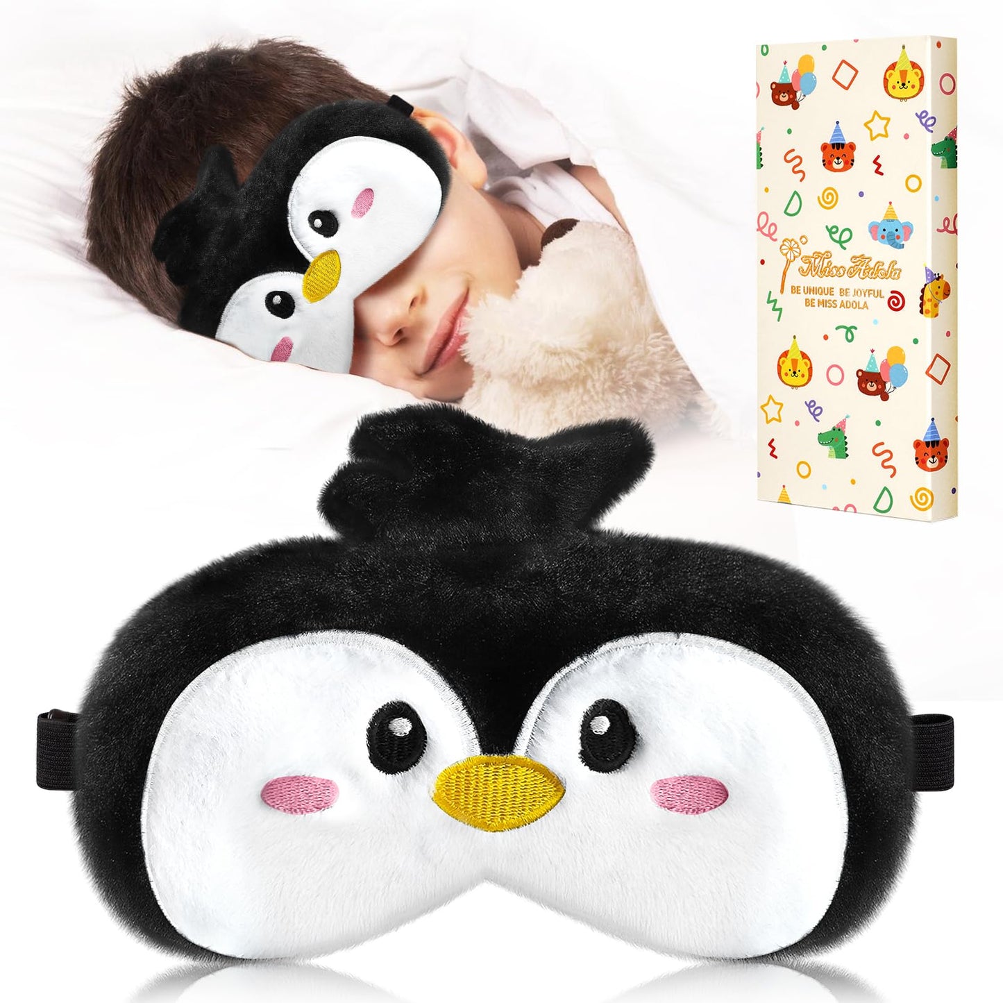 Miss Adola Sleep Mask for Kids - Valentines Gift for Kids Cute Plush Fuffy Sleeping Eye Cover Kawaii Soft Eyeshade Animal Eye Blindfold for Girls Boys Teens with Adjustable Strap, Penguin